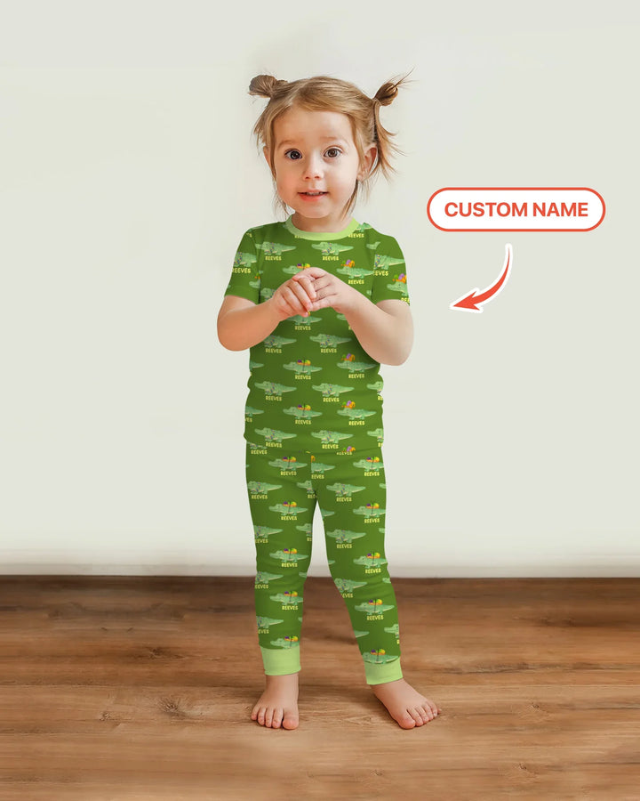 Custom Name Mardi Gras Gator Two Piece Short Sleeve Pajama Set