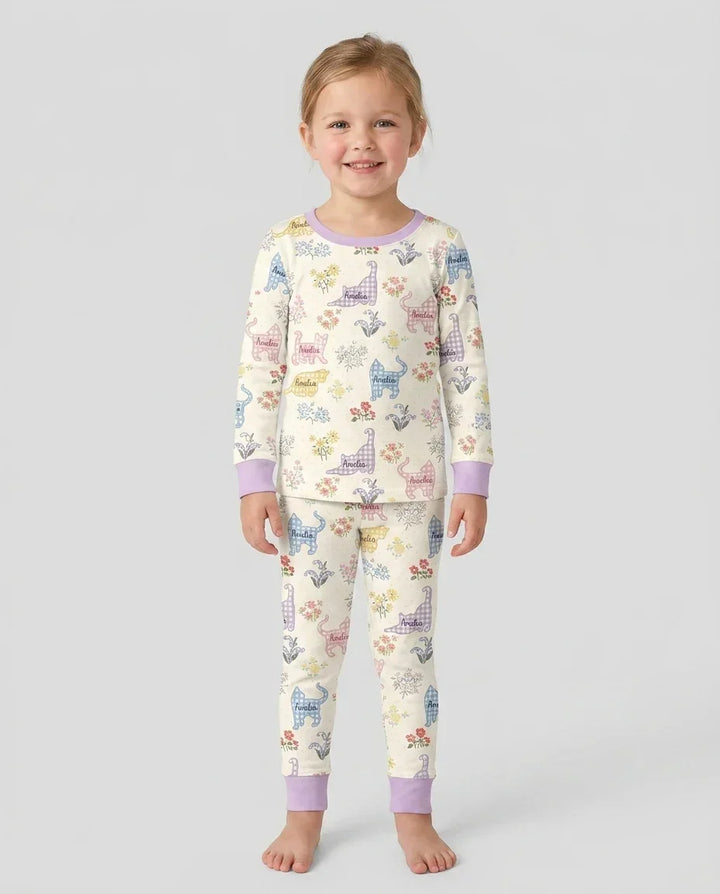 Gingham Cats Custom Name Bamboo Two Piece Long Sleeve Pajama Set
