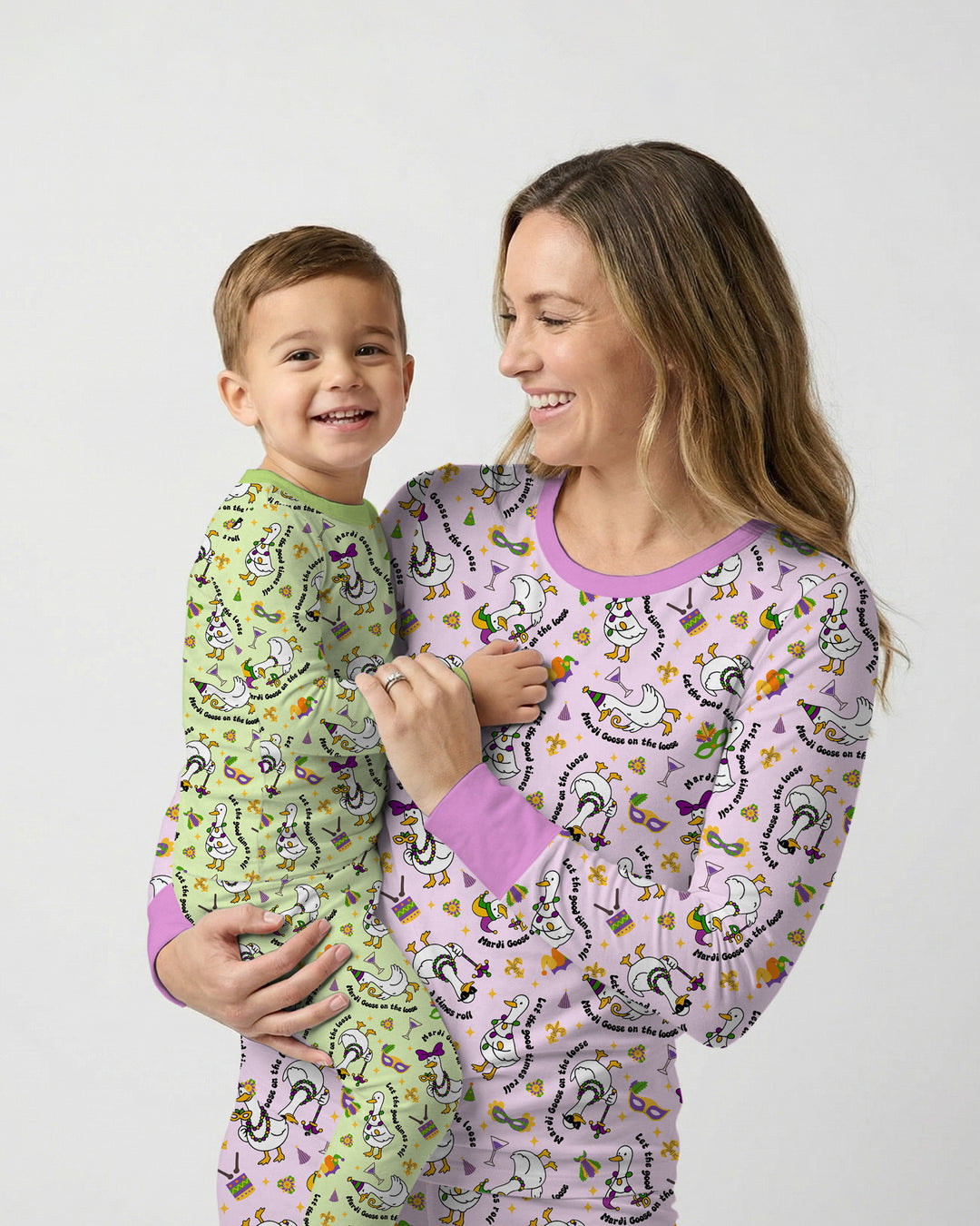 Mardi Gras Silly Goose Two Piece Long Sleeve Pajama Set