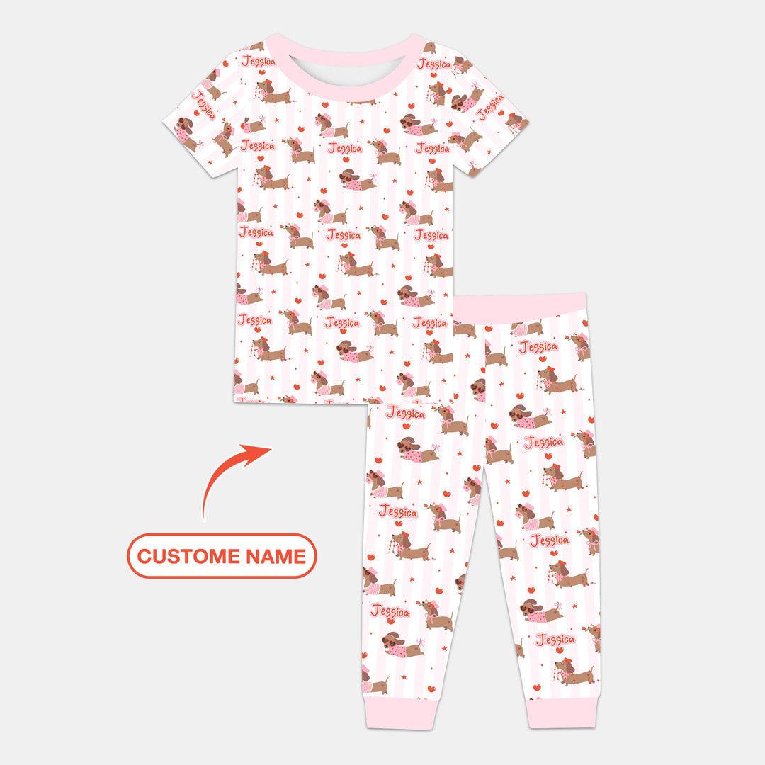 Custom Name Valentine Dachshund Family Matching Two Piece Short Sleeve Pajama Set