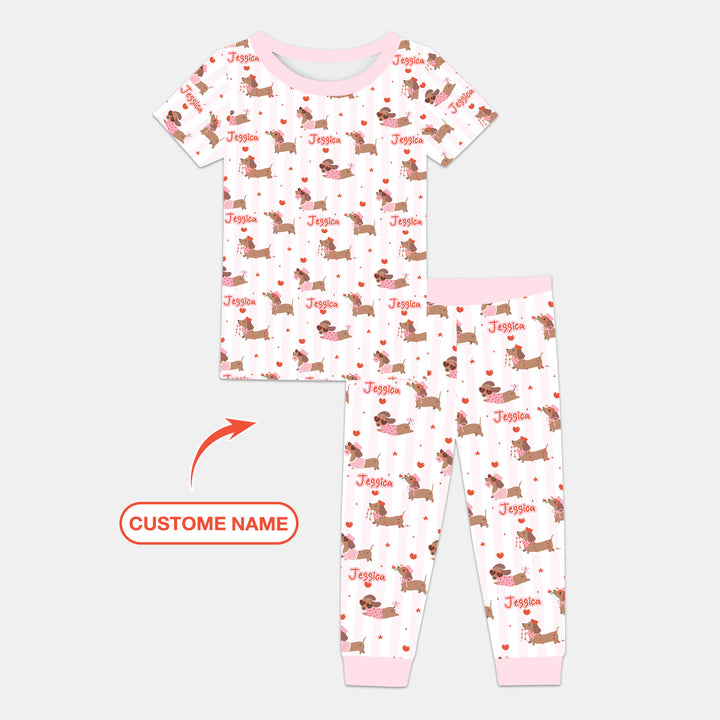 Custom Name Valentine Dachshund Family Matching Two Piece Short Sleeve Pajama Set
