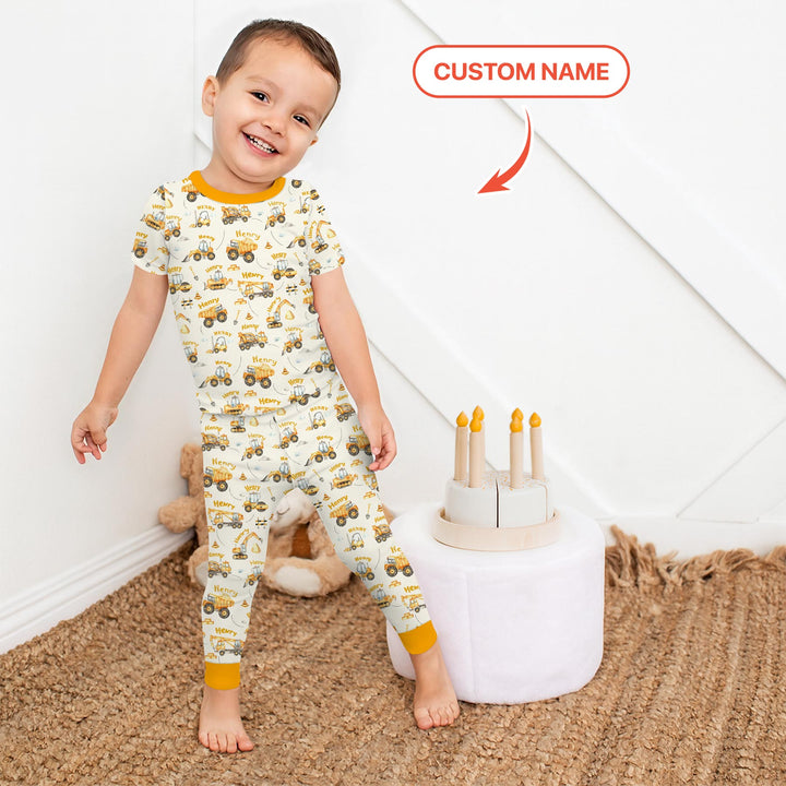 Constructions Machines Custom Name Two Piece Short Sleeve Pajama Set