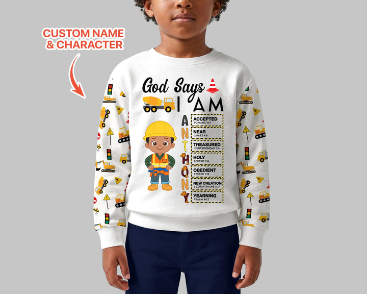 Custom Name God Says I Am Little Builder Letter in Bible Crewneck Sweatshirt