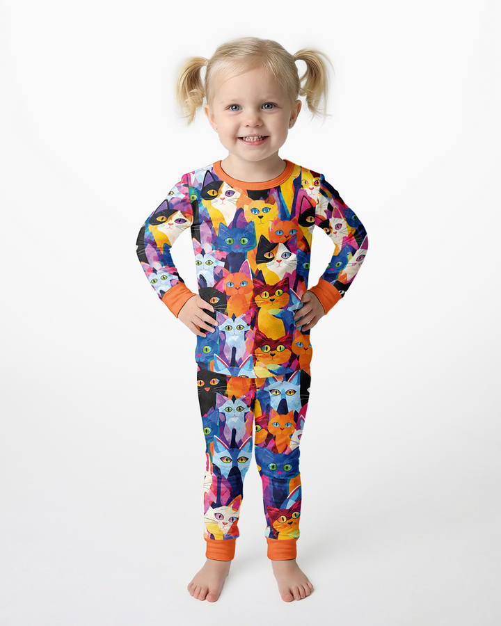 Cartoon Abstract Kitten Pattern Bamboo Two Piece Long Sleeve Pajama Set