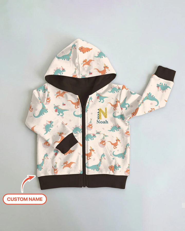 Sudadera con capucha de bambú con cremallera y nombre bordado personalizado con dinosaurios