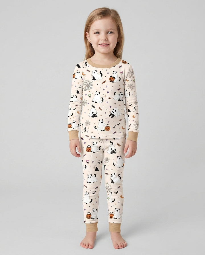 Ghost Cat Vintage Halloween Bamboo Two Piece Long Sleeve Pajama Set
