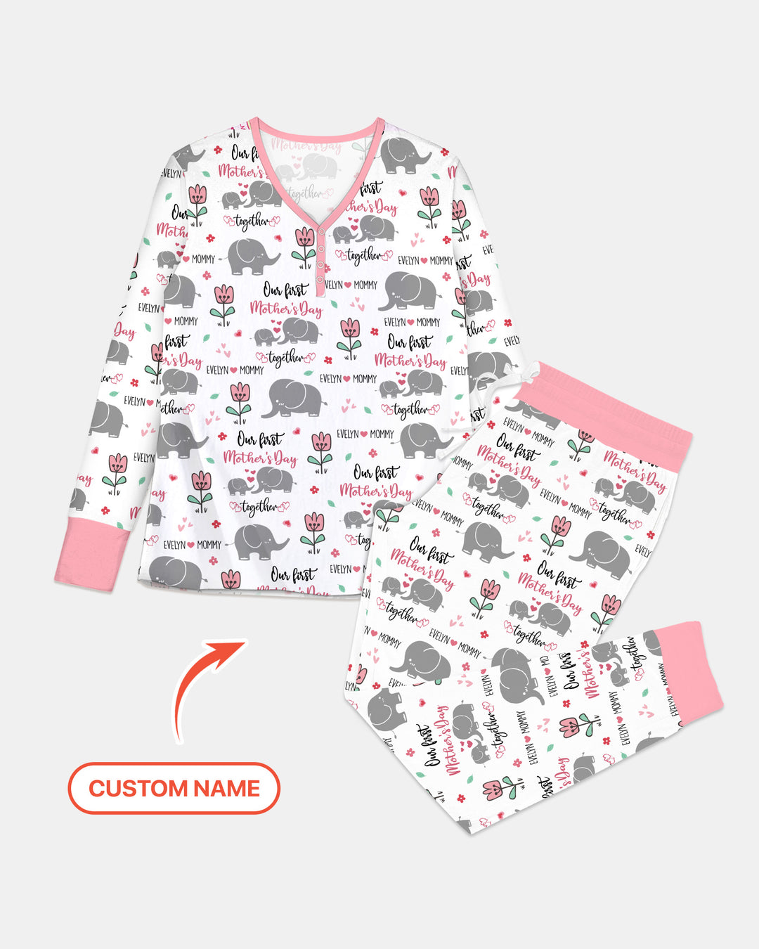 Custom Name Elephant Our First Mother's Day Women Pajama Set