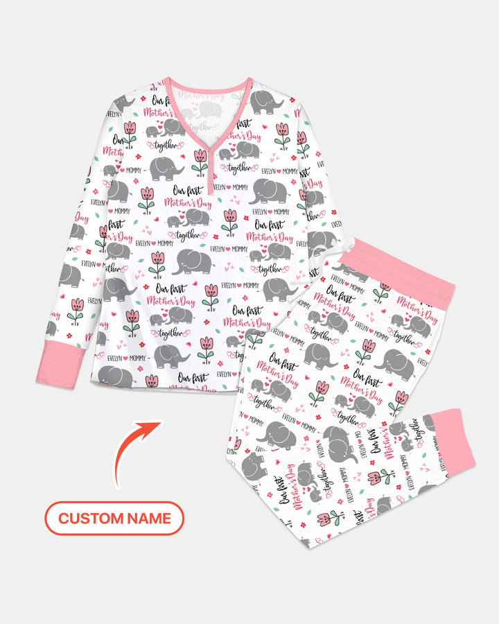 Custom Name Elephant Our First Mother's Day Women Pajama Set