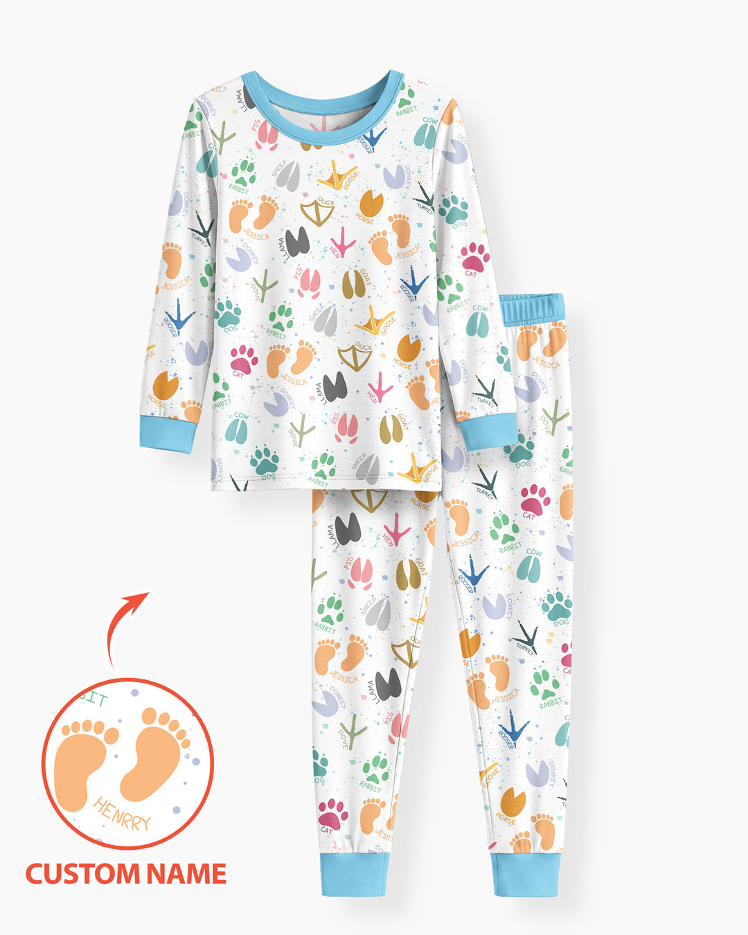 Cute Farm Animal Tracks Custom Name Bamboo Two Piece Long Sleeve Pajama Set