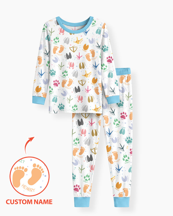 Cute Farm Animal Tracks Custom Name Bamboo Two Piece Long Sleeve Pajama Set