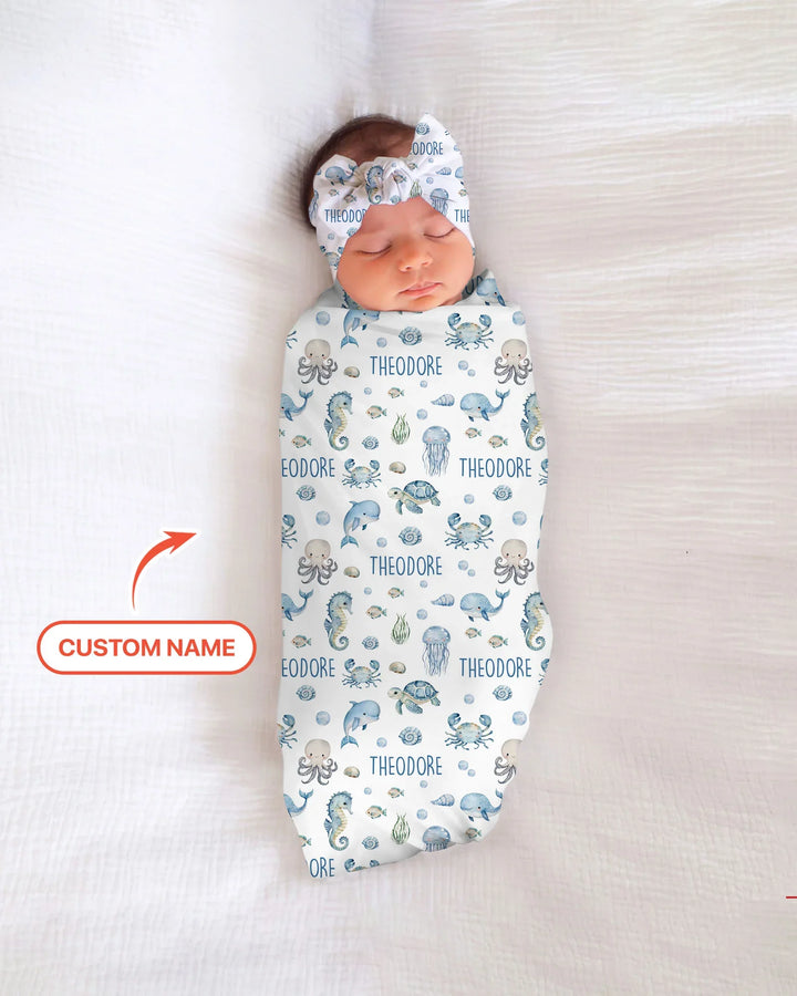 Custom Name Ocean Friends  swaddle blanket