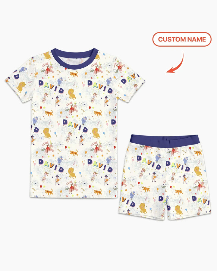 Custom Name Circus Toile Bamboo Two Piece Short Sleeve Shorts Pajama Set