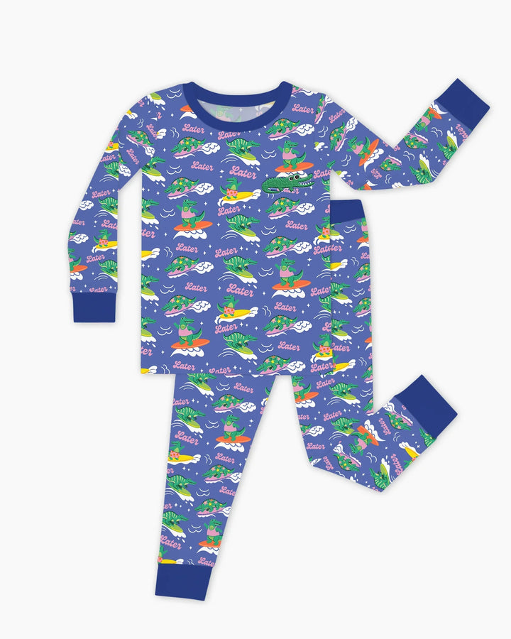 Conjunto de pijama de dos piezas de bambú de manga larga con cocodrilo bordado para verano