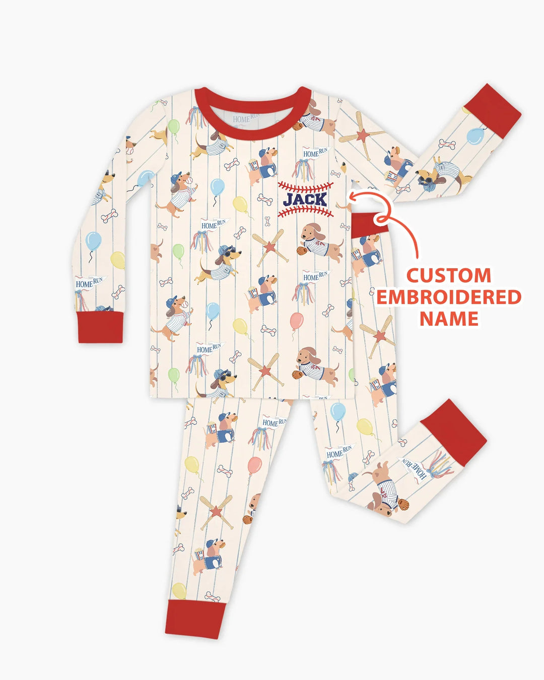 Personalized Embroidered Name Dachshund Baseball Bamboo Two Piece Long Sleeve Pajama Set