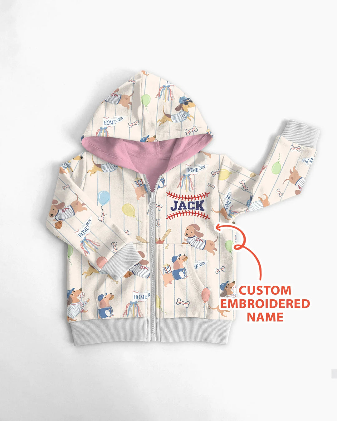 Personalized Embroidered Name Dachshund Baseball Bamboo Zip Hoodie
