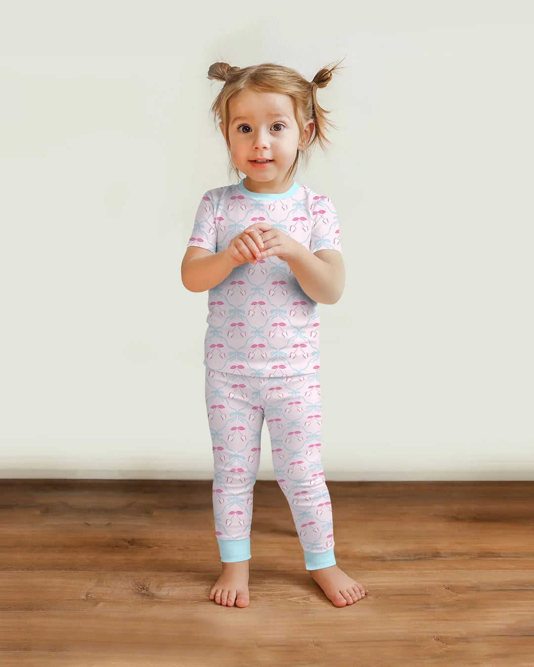 Cherry Baseball Softball Mom and Girl Matching Bamboo Two Piece Short Sleeve Pajama Set
