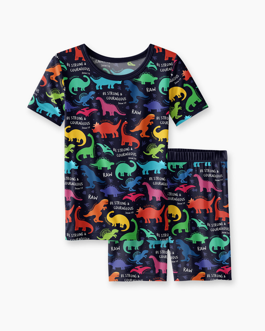 Be Strong and Courageous Dinosaur Christian Bamboo Two Piece Short Sleeve Shorts Pajama Set