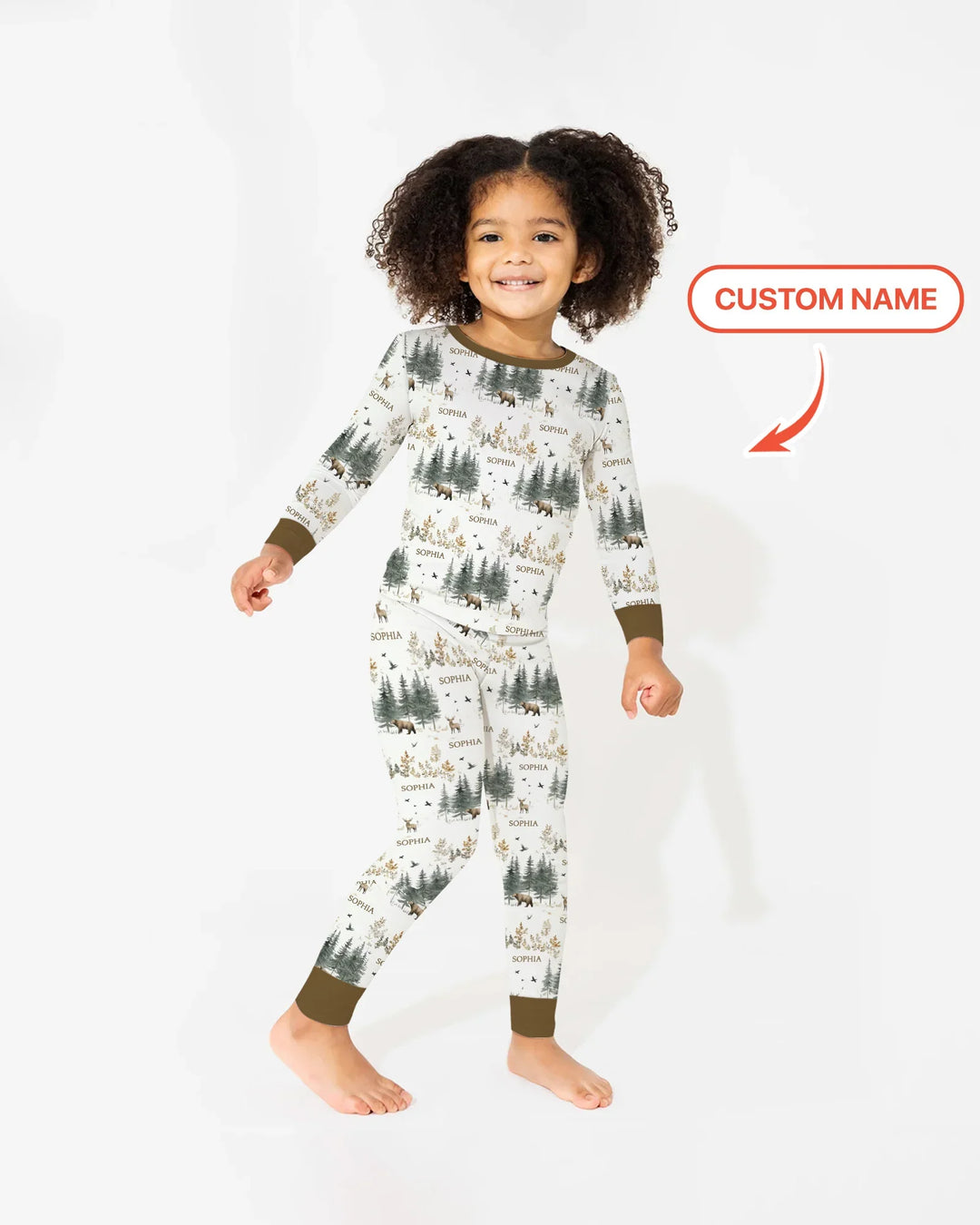 Custom Name Forest Bear Deer Bamboo Two Piece Long Sleeve Pajama Set