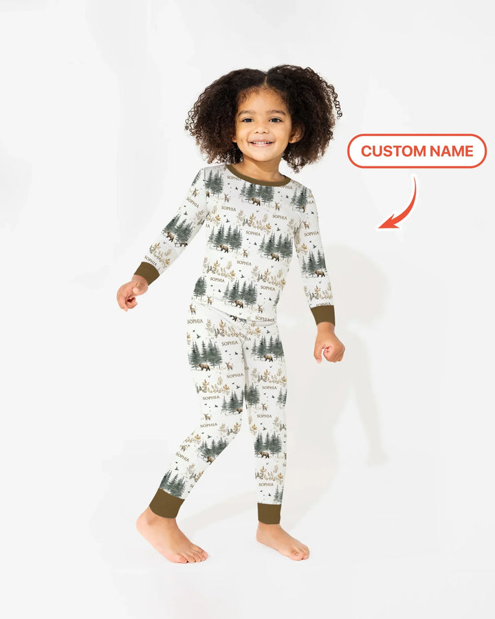 Custom Name Forest Bear Deer Bamboo Two Piece Long Sleeve Pajama Set