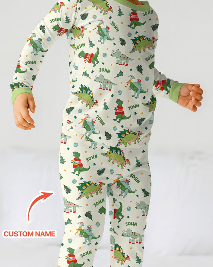 Custom Name Dinosaurs Christmas Tree Two Piece Long Sleeve Pajama Set
