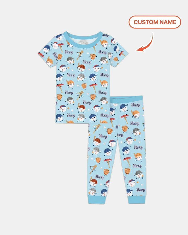 Custom Name Ballparl Family Matching Bamboo Two Piece Short Sleeve Pajama Set