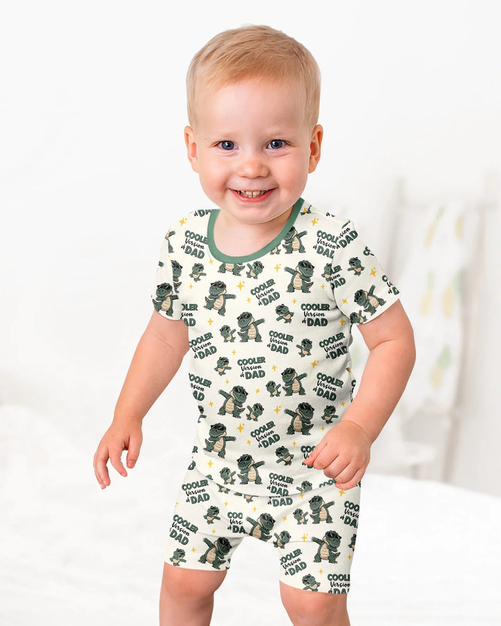 Genial conjunto de pijama de dos piezas de bambú de manga corta y pantalón corto a juego para papá y yo con diseño de dinosaurio.