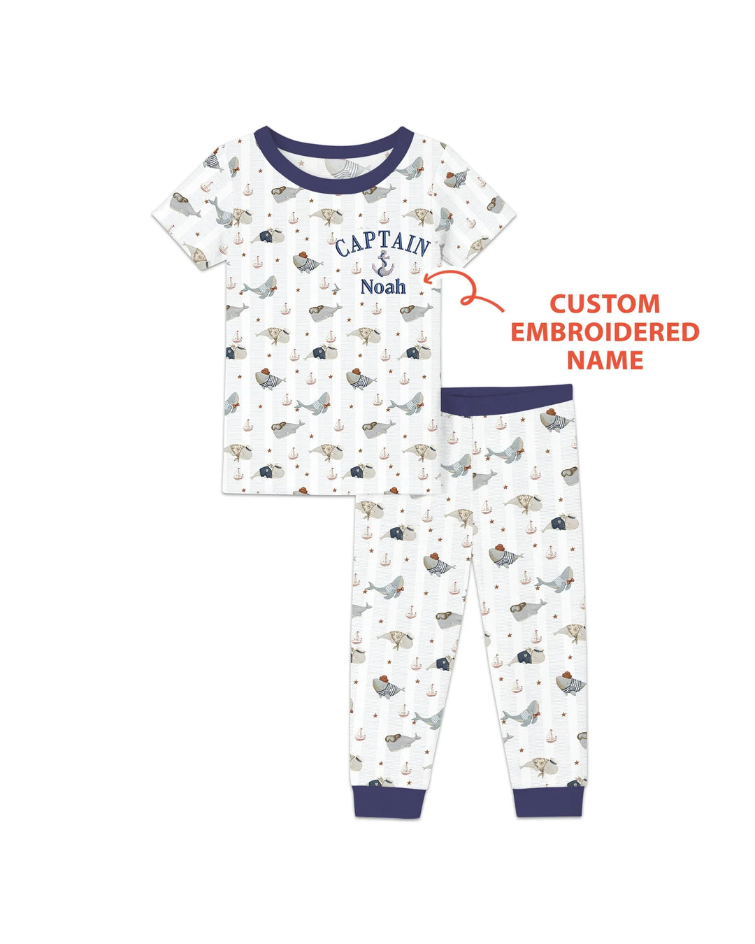 Custom Embroidered Name Little Captain of the Whale Crew Bamboo Two Piece Short Sleeve Pajama Set