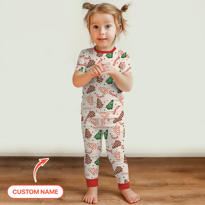 Christmas Tree Cake Custom Name Two Piece Short Sleeve Pajama Set