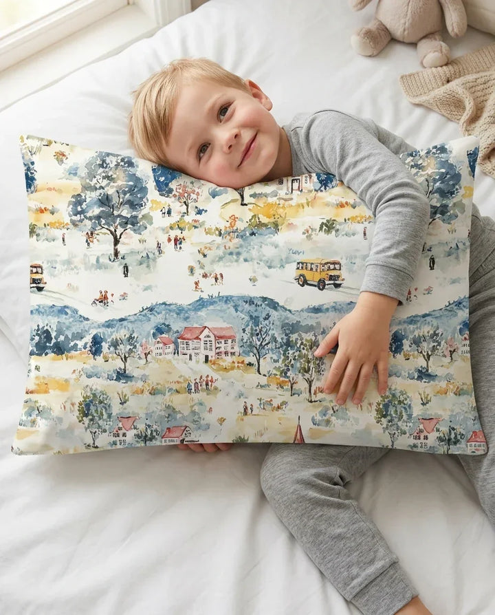 Whimsical Watercolor School Village Bamboo Pillow Case