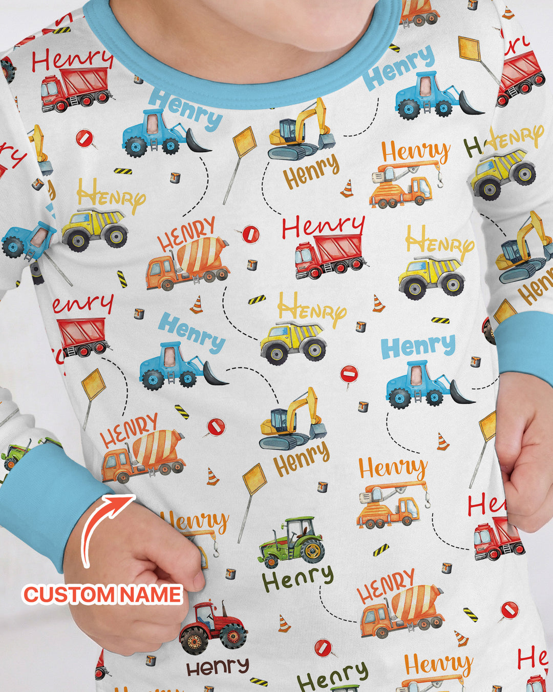 Construction Vehicles Custom Name Two Piece Long Sleeve Pajama Set