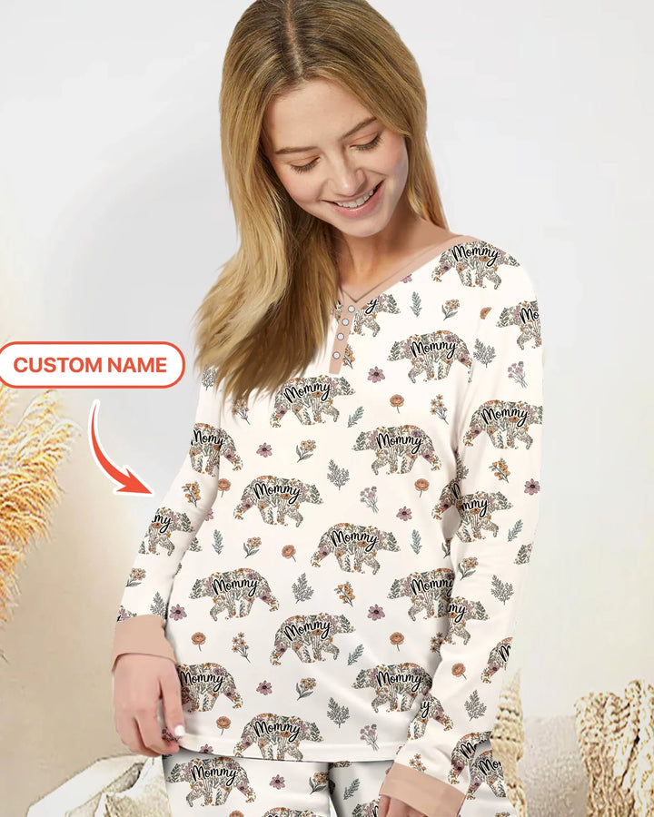 Custom Name Floral Bear Family Matching Bamboo Women Pajama Set