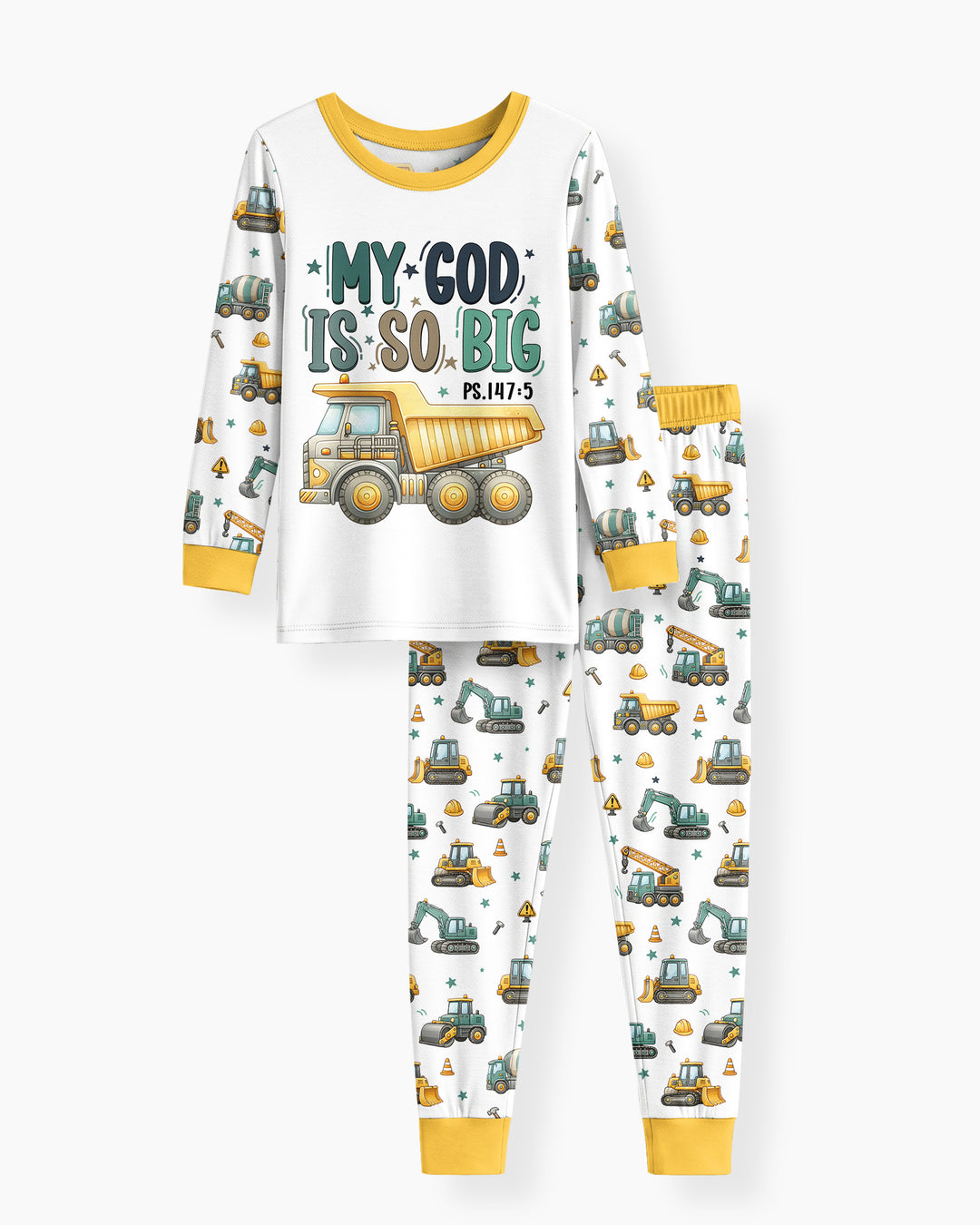 Construction Vehicles My God Is So Big Bamboo Two Piece Long Sleeve Pajama Set
