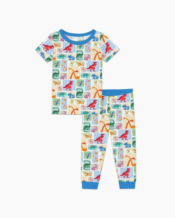 Conjunto de pijama de dos piezas de bambú de manga corta a juego familiar de Dino Arcoíris