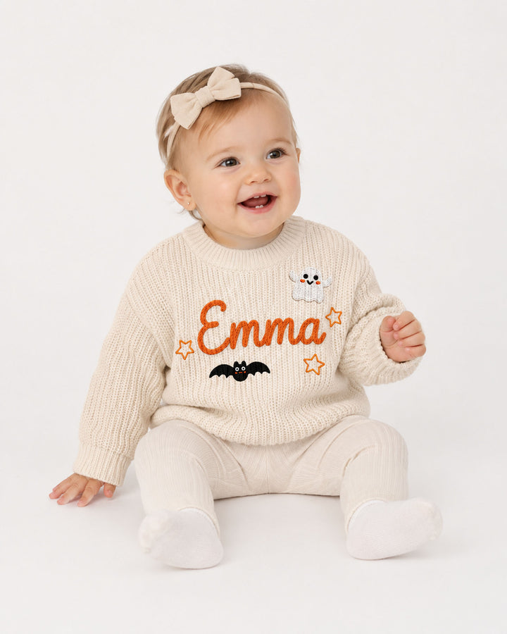 Happy Halloween Embroidered Baby Name Bamboo Knit Sweater Bubble