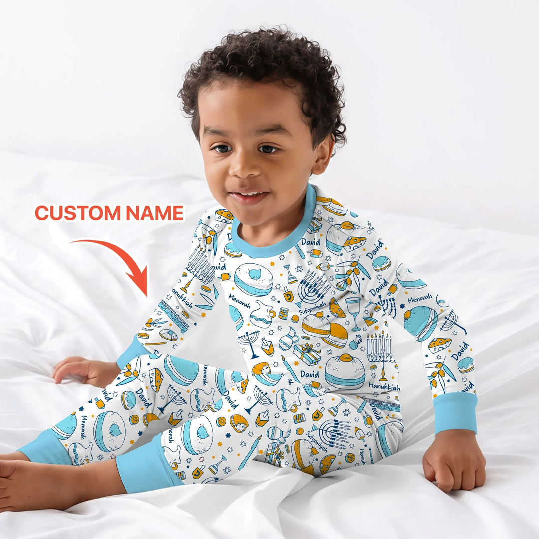 Happy Hanukkah Doodles Custom Name Family Matching Two Piece Long Sleeve Pajama Set