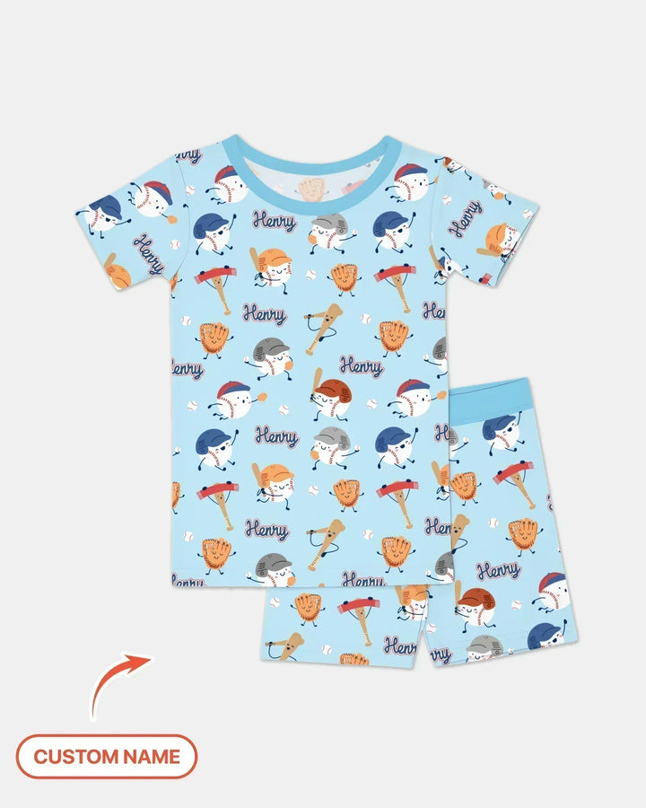 Custom Name Ballparl Family Matching Bamboo Two Piece Short Sleeve Shorts Pajama Set