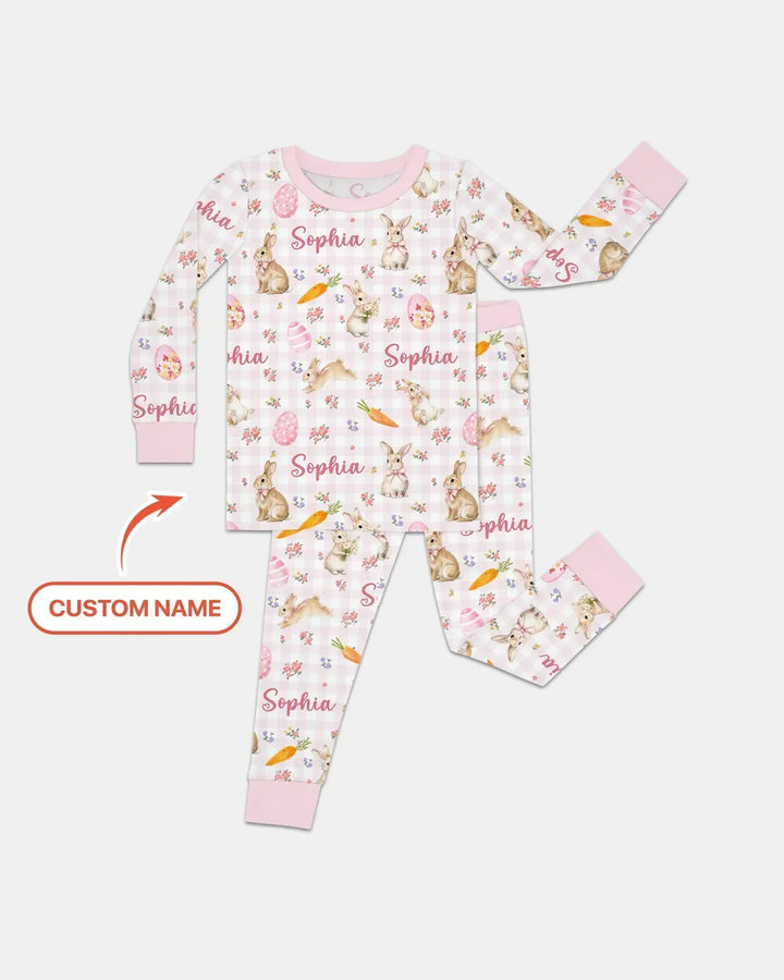 Custom Name Bunny Garden Two Piece Long Sleeve Pajama Set