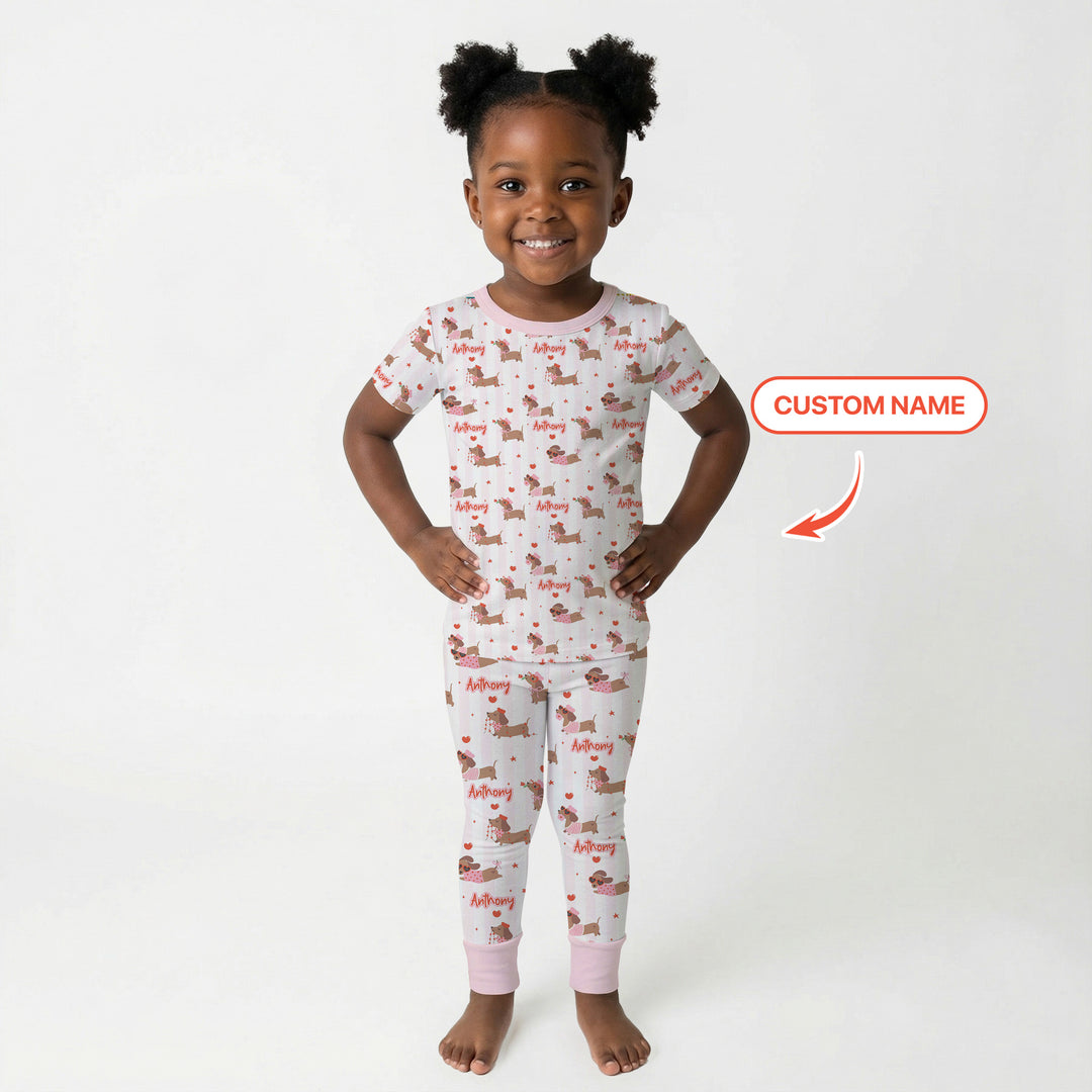 Custom Name Valentine Dachshund Family Matching Two Piece Short Sleeve Pajama Set
