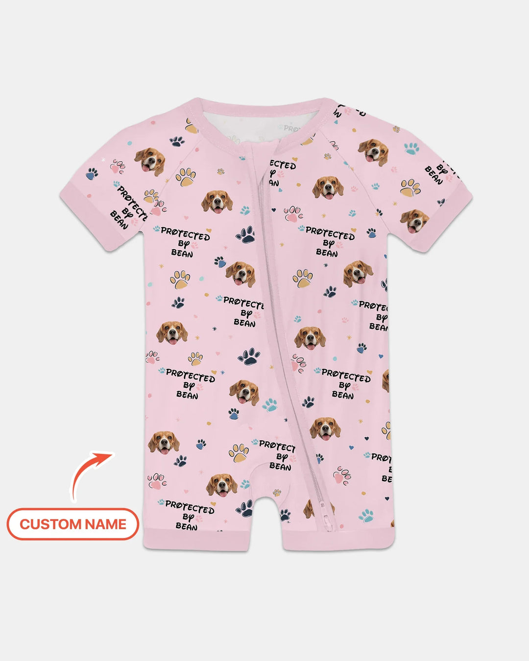 Custom Dog Photo Pattern "Protected By" Shorty Zippered Romper