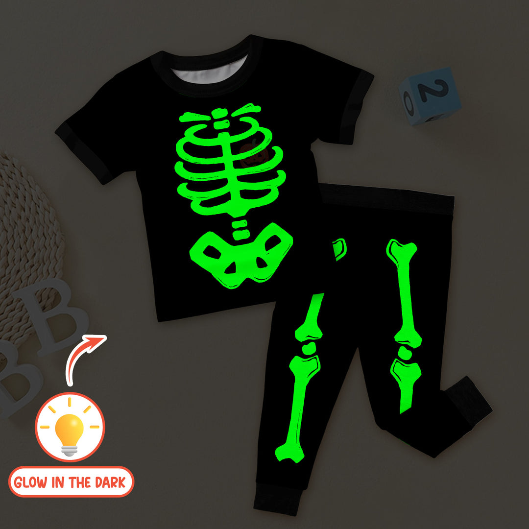 Halloween Glow In The Dark Skeleton Two Piece Short Sleeve Pajama Set