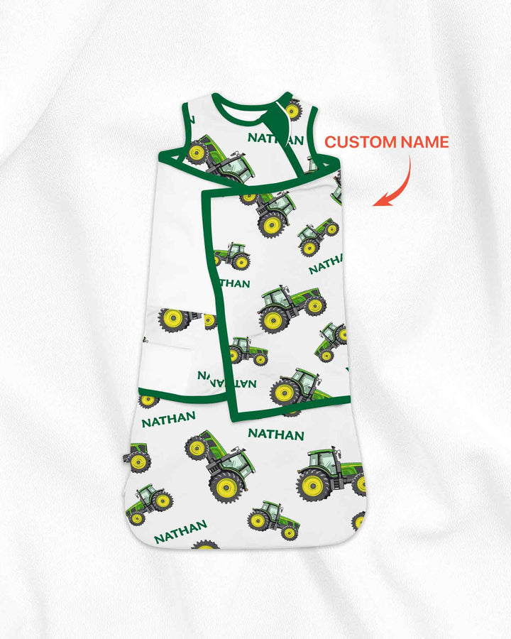 Custom Name Green Tractors Matching Daddy & Me Swaddle Blanket