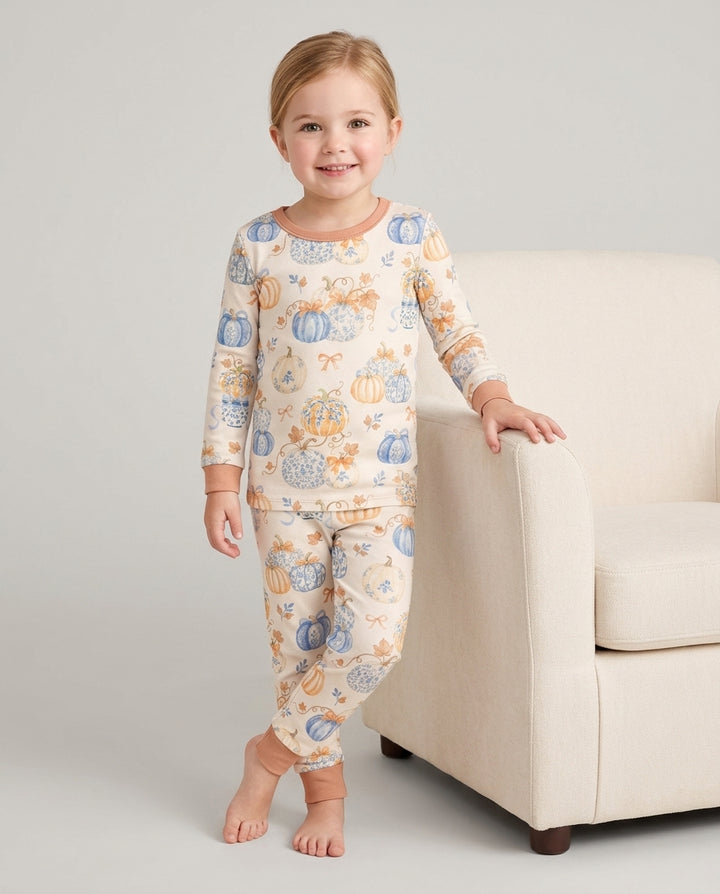 Preppy Blue and Orange Chinoiserie Pumpkin Bamboo Two Piece Long Sleeve Pajama Set
