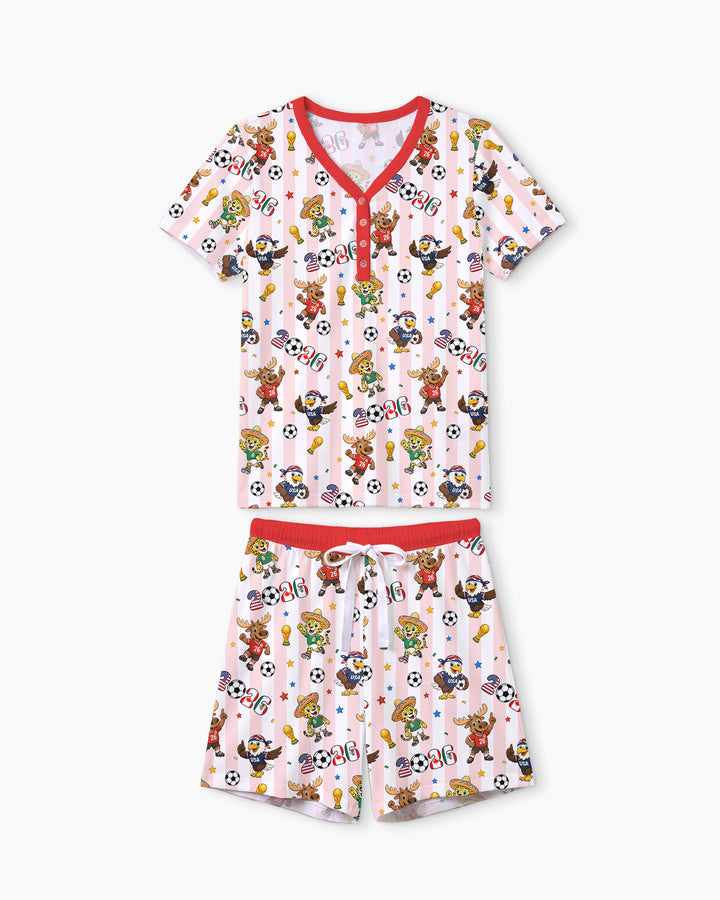 Striped Cute Mascots Soccer Cup 2026 Bamboo Men Short Sleeve Short Pajama Set