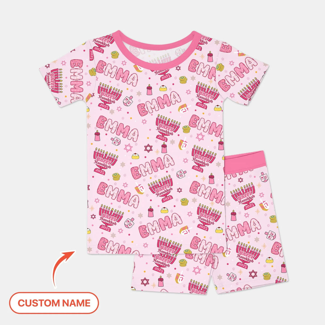 Custom name Happy Hanukkah 2025 Two Piece Short Sleeve Shorts Pajama Set