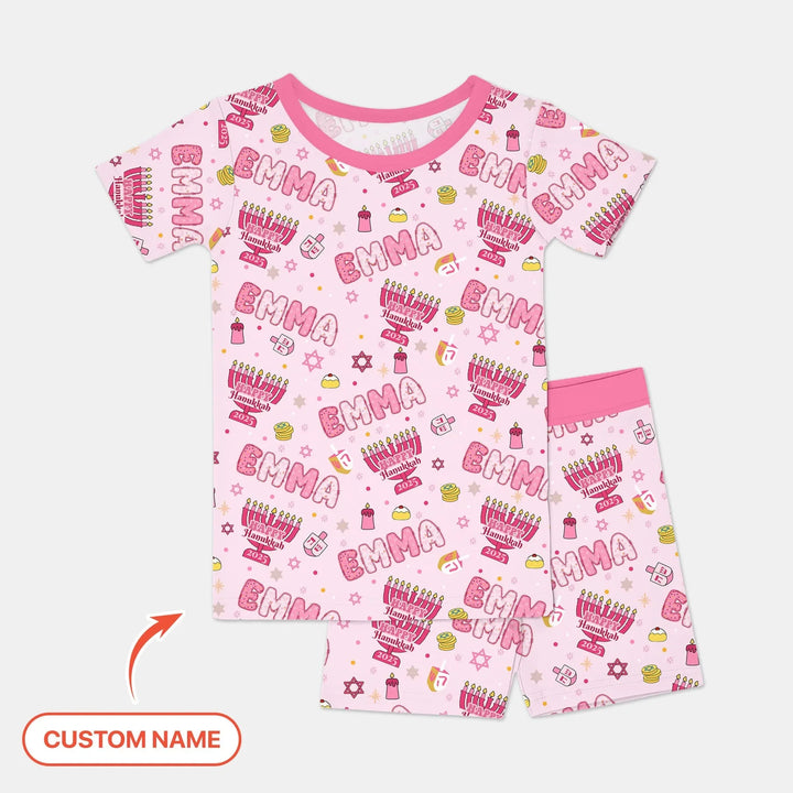 Custom name Happy Hanukkah 2025 Two Piece Short Sleeve Shorts Pajama Set