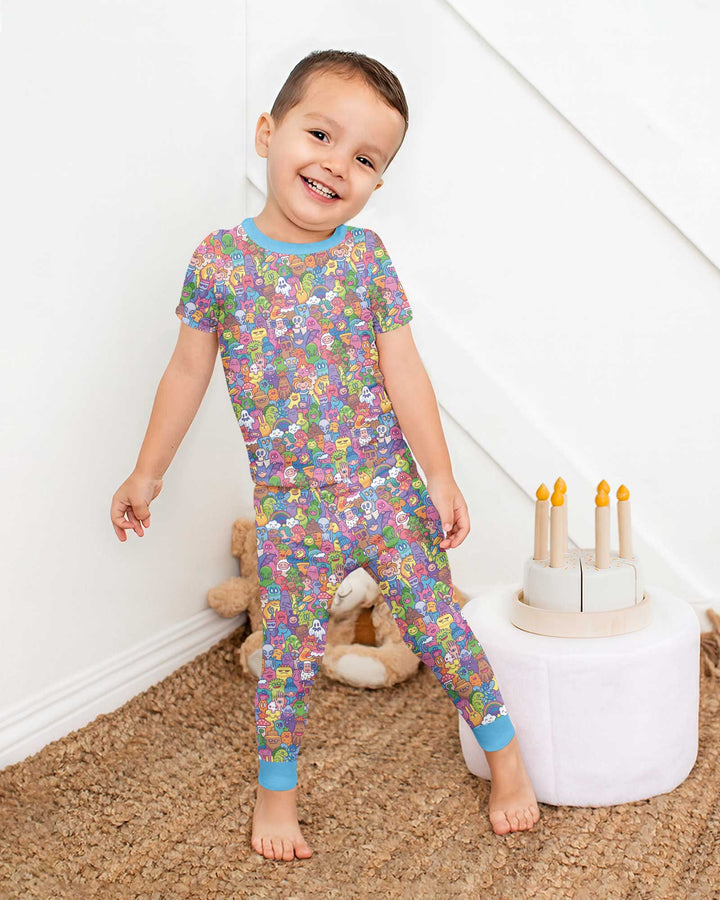 Doodle Characters Pastel Bamboo Two Piece Short Sleeve Pajama Set