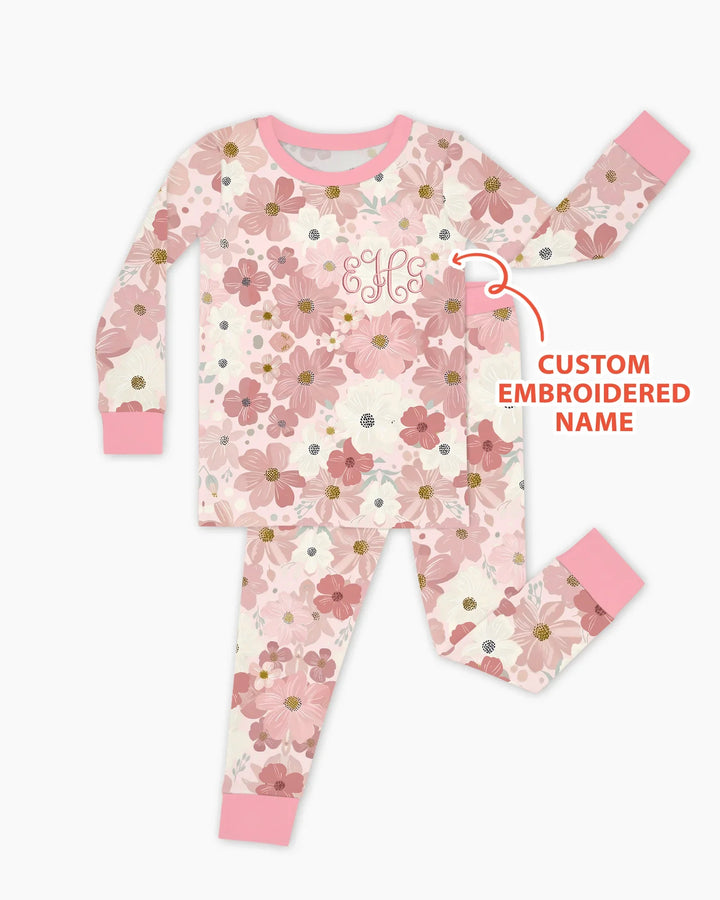 Pijama de dos piezas de manga larga de bambú floral con nombre bordado personalizado