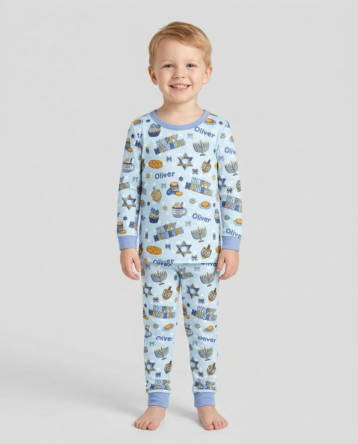 Custom Name Jewish Holiday Bamboo Two Piece Long Sleeve Pajama Set