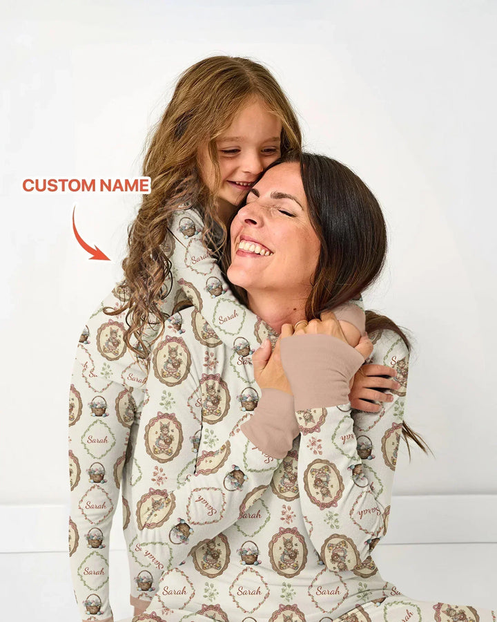 Vintage Bunny Easter Custom Name Mommy & Me Matching Bamboo Women Pajama Set