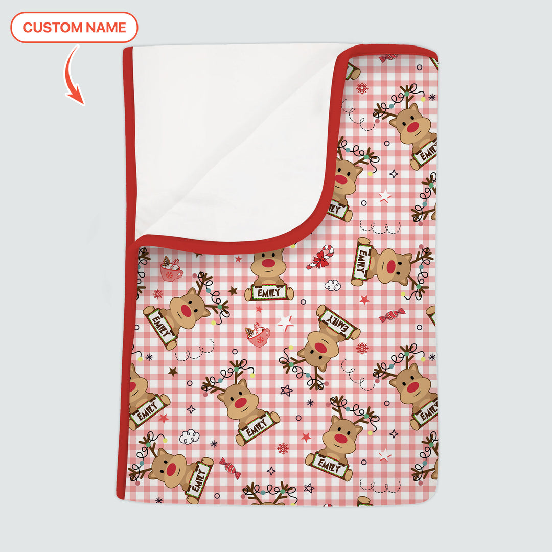 Custom Name Reindeer Gingham Toddler Blanket